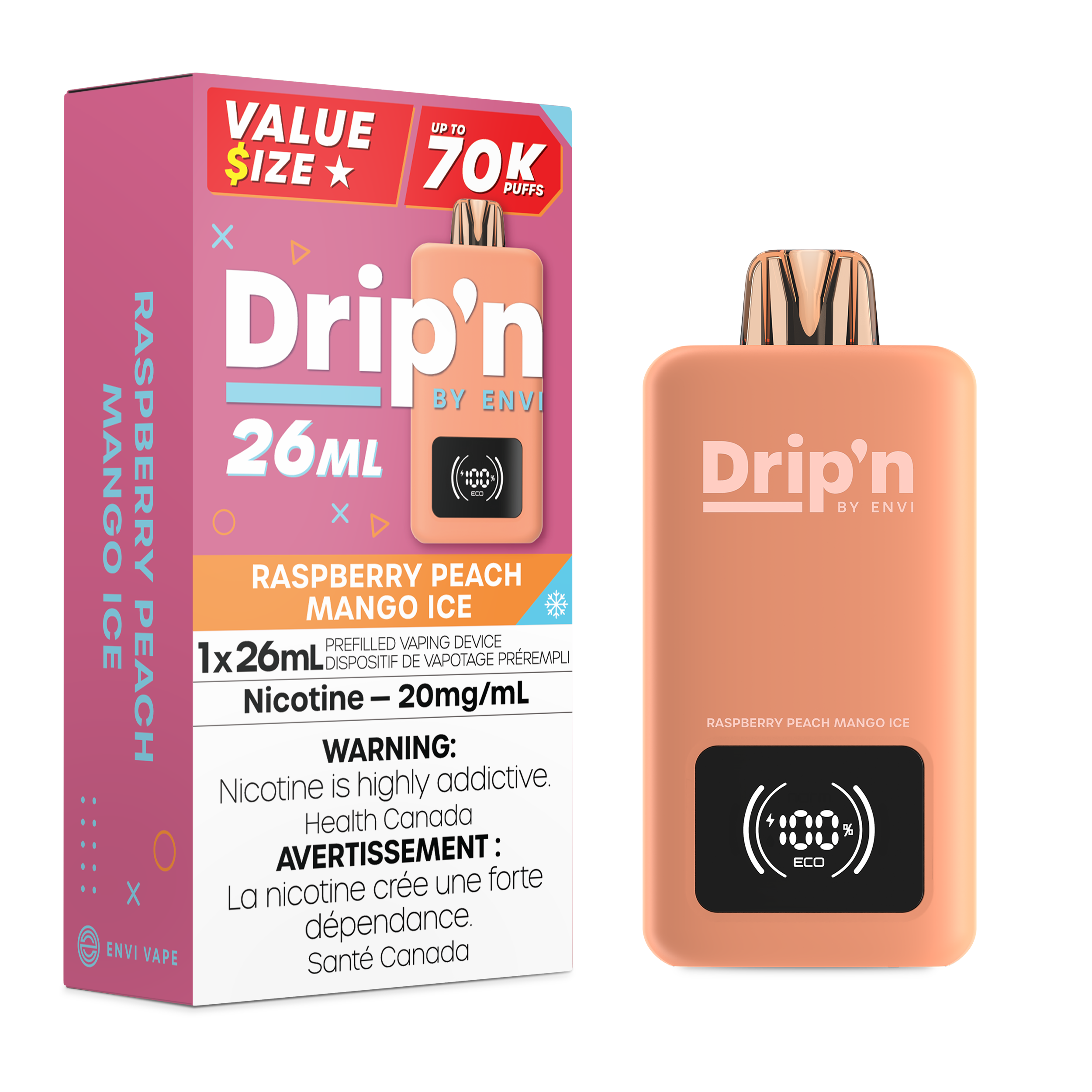 Drip'n by Envi 70K 26ML Disposable Raspberry Peach Mango Ice